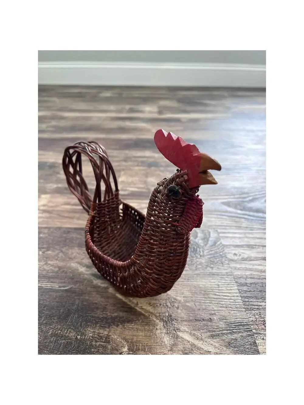 Vintage Wicker Rooster Basket | Handwoven Chicken with Carved Wooden Head